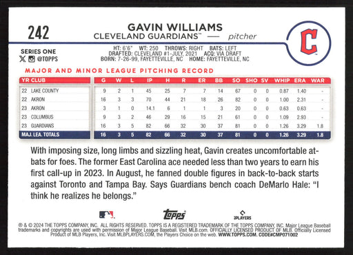 2024 Topps #242 Gavin Williams - 5 Card Player Lot - Rookie Card