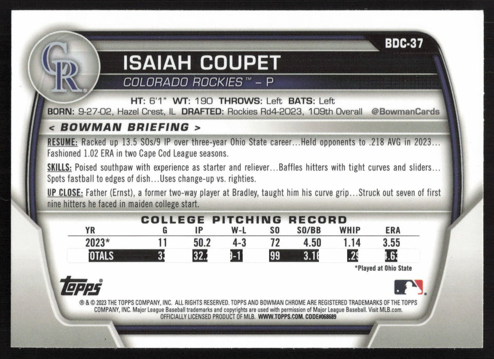 2023 Bowman Draft #BDC-37 Isaiah Coupet Chrome Refractor