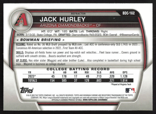 2023 Bowman Draft #BDC-162 Jack Hurley Chrome Refractor