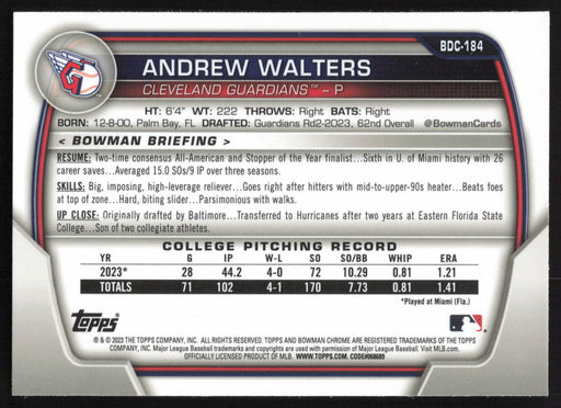 2023 Bowman Draft #BDC-184 Andrew Walters Chrome Lunar Glow Refractor