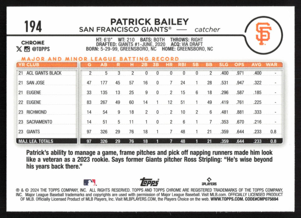 2024 Topps Chrome #194 Patrick Bailey