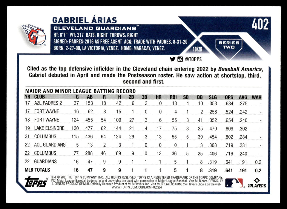 2023 Topps #402 Gabriel Arias Royal Blue