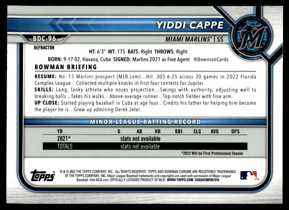 2022 Bowman Draft #BDC-96 Yiddi Cappe Chrome Refractor