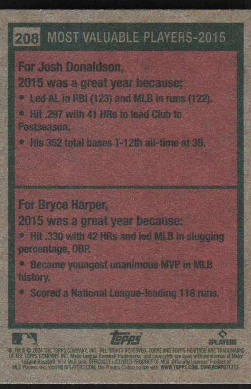 2024 Topps Heritage #208 2015 MVPs (Josh Donaldson / Bryce Harper)