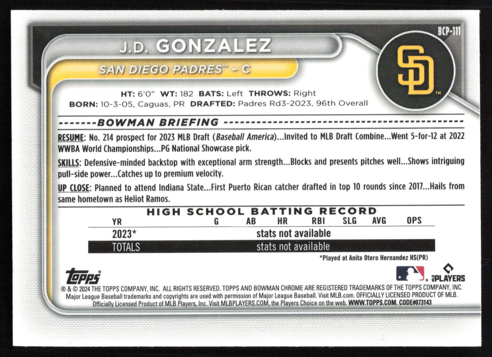 2024 Bowman #BCP-111 J.D. Gonzalez Chrome Prospects Lunar Glow Refractors