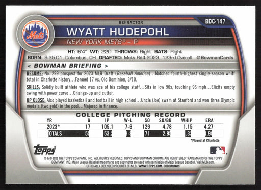 2023 Bowman Draft #BDC-147 Wyatt Hudepohl Chrome Refractor