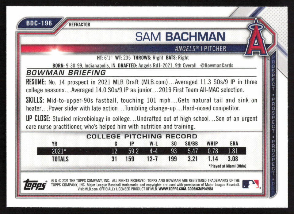 2021 Bowman Draft #BDC-196 Sam Bachman Chrome Refractor