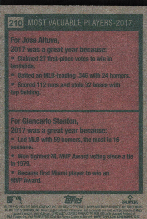 2024 Topps Heritage #210 2017 MVPs (Jose Altuve / Giancarlo Stanton)