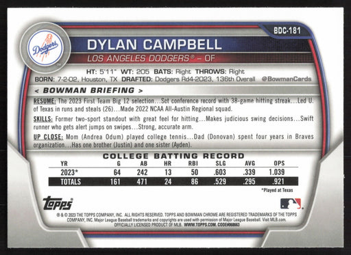 2023 Bowman Draft #BDC-181 Dylan Campbell Chrome Lunar Glow Refractor