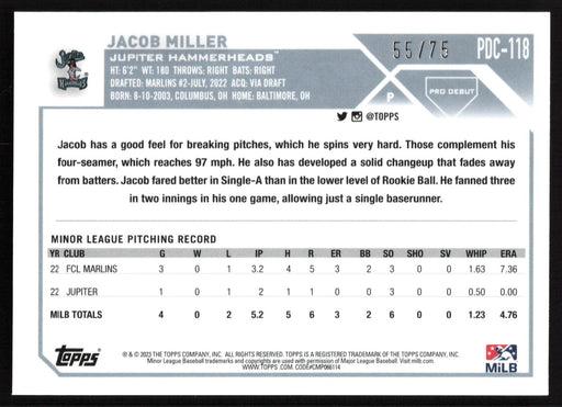 2023 Topps Pro Debut #PD-118 Jacob Miller Aqua #/75