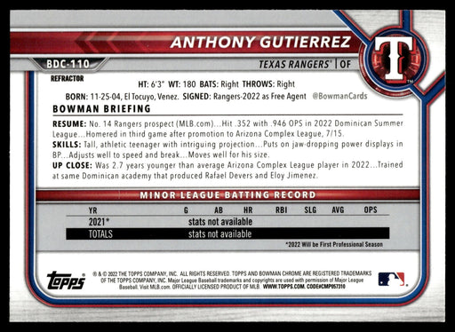 2022 Bowman Draft #BDC-110 Anthony Gutierrez Chrome Refractor