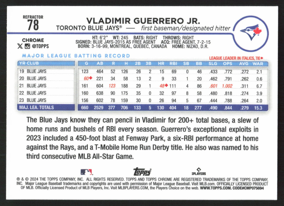 2024 Topps Chrome #78 Vladimir Guerrero Jr. Refractor