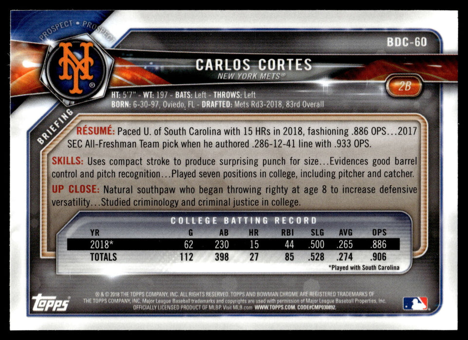 2018 Bowman Draft #BDC-60 Carlos Cortes Chrome