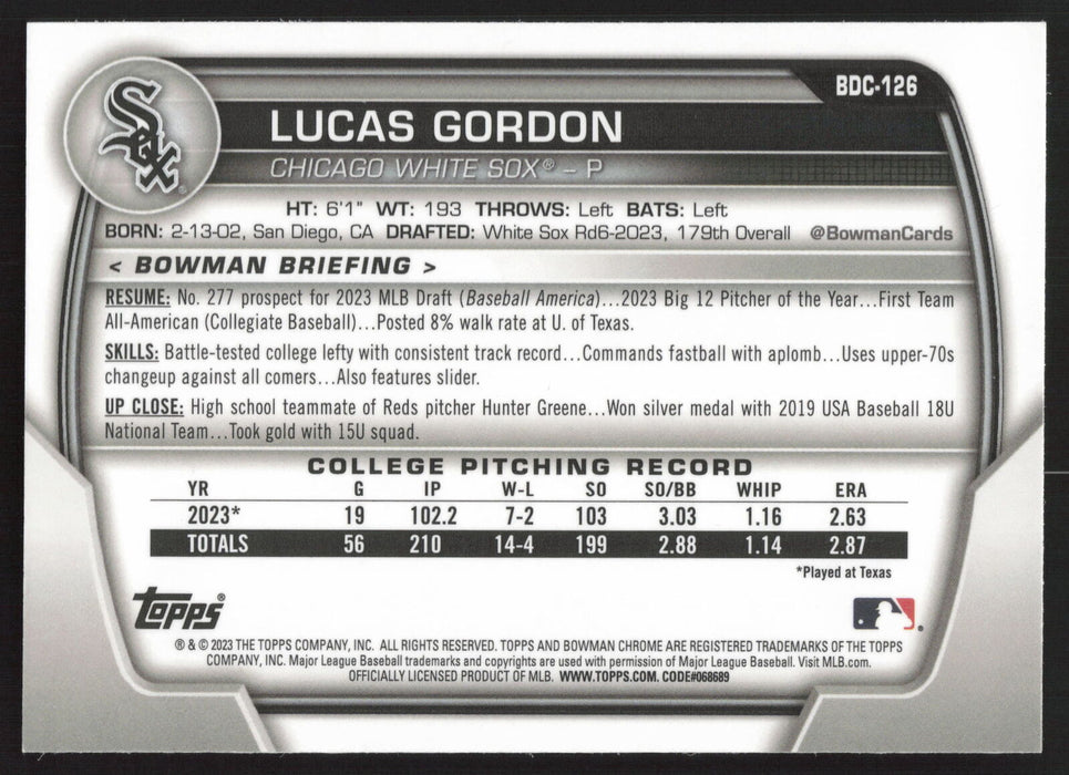 2023 Bowman Draft #BDC-126 Lucas Gordon Chrome Sky Blue Refractor