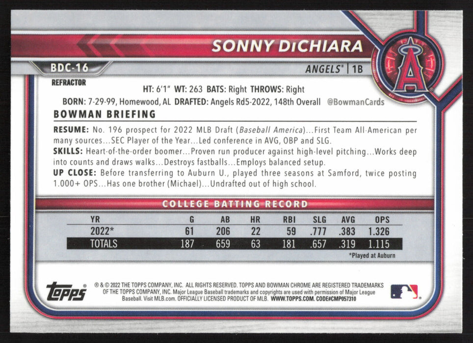 2022 Bowman Draft #BDC-16 Sonny DiChiara Chrome Refractor