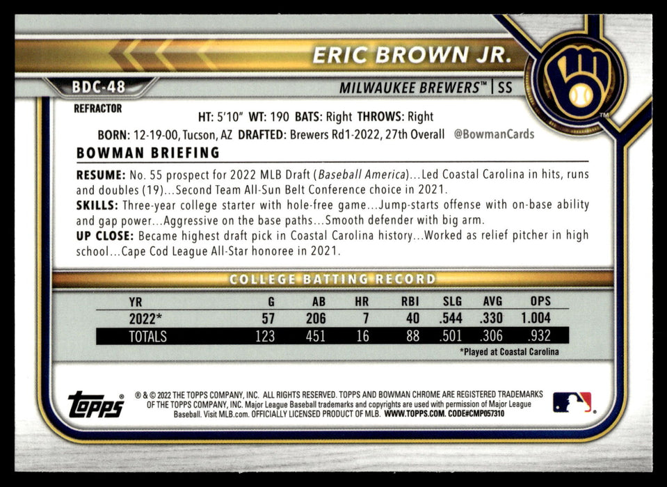 2022 Bowman Draft #BDC-48 Eric Brown Jr. Chrome Refractor