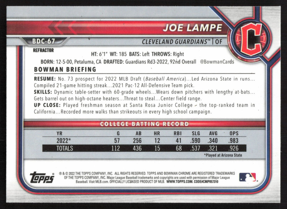 2022 Bowman Draft #BDC-67 Joe Lampe Chrome Refractor