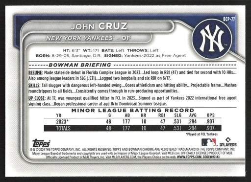 2024 Bowman #BCP-77 John Cruz Chrome Prospects