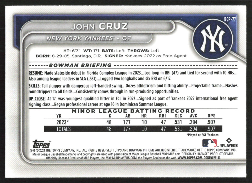 2024 Bowman #BCP-77 John Cruz Chrome Prospects