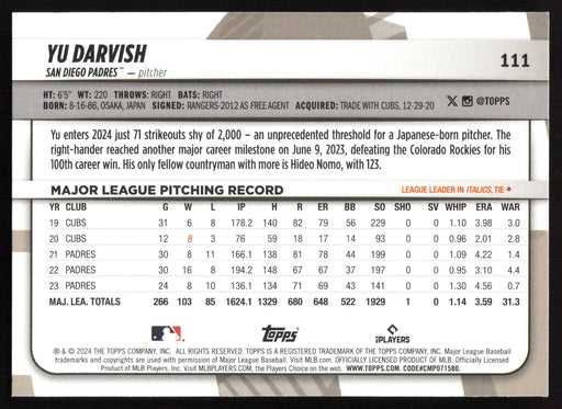 2024 Topps Big League #111 Yu Darvish