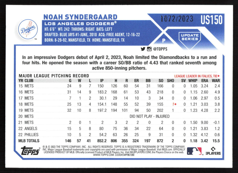 2023 Topps Update #US150 Noah Syndergaard Royal Blue