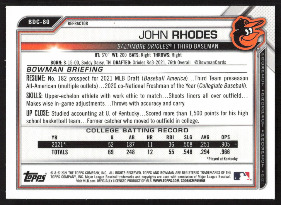 2021 Bowman Draft #BDC-80 John Rhodes Chrome Refractor