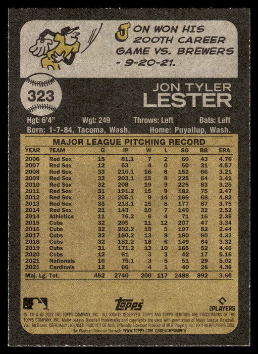 2022 Topps Heritage #323 Jon Lester