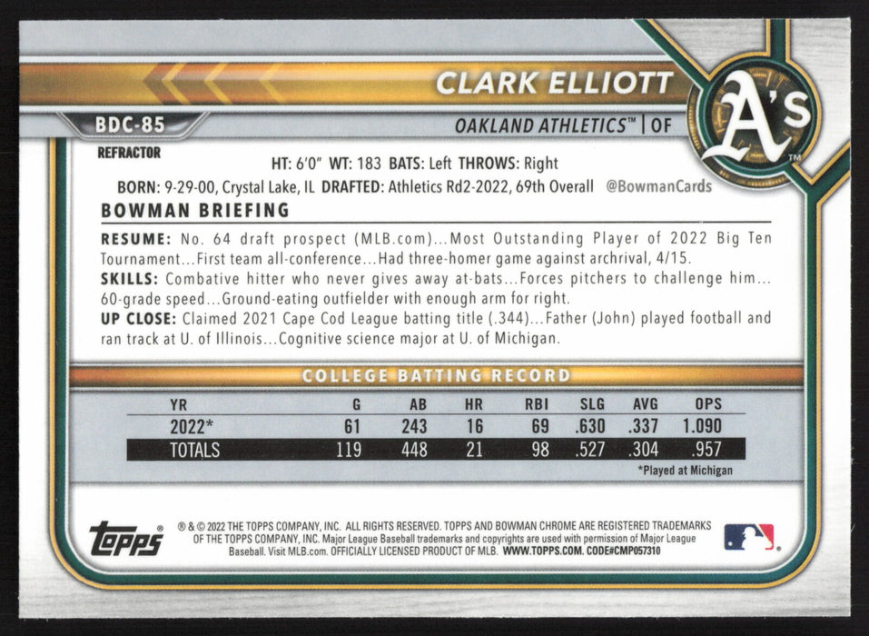 2022 Bowman Draft #BDC-85 Clark Elliott Chrome Refractor