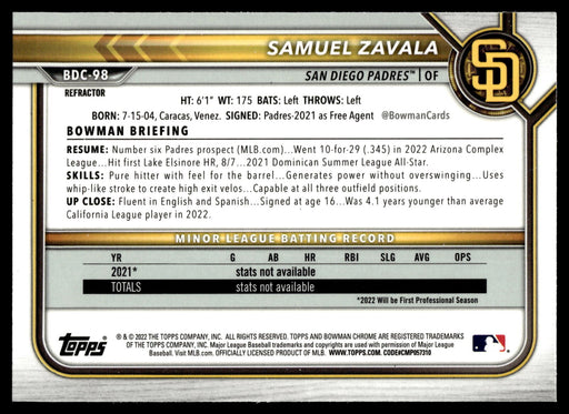 2022 Bowman Draft #BDC-98 Samuel Zavala Chrome Refractor