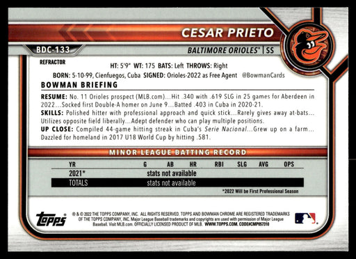 2022 Bowman Draft #BDC-133 Cesar Prieto Chrome Refractor