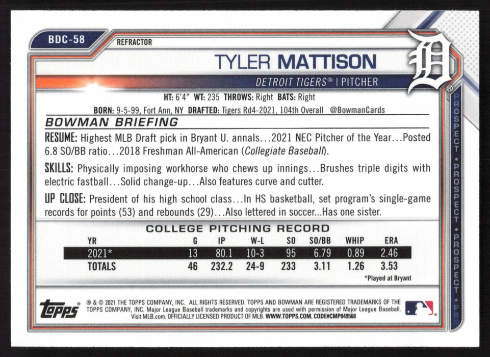 2021 Bowman Draft #BDC-58 Tyler Mattison Chrome Refractor