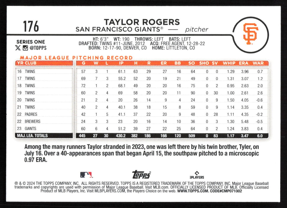 2024 Topps #176 Taylor Rogers