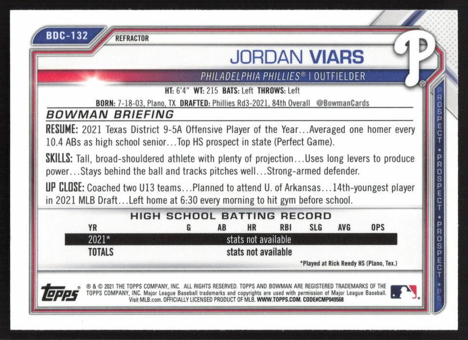 2021 Bowman Draft #BDC-132 Jordan Viars Chrome Refractor