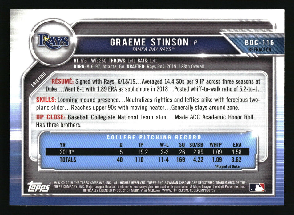 2019 Bowman Draft #BDC-116 Graeme Stinson Chrome Refractor