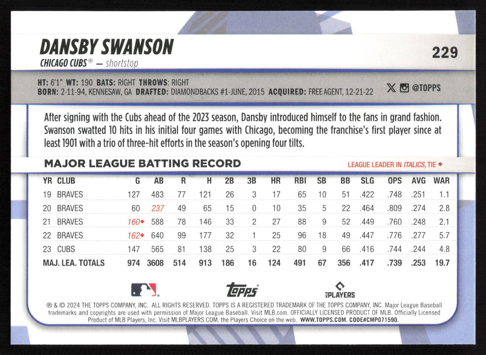 2024 Topps Big League #229 Dansby Swanson Rainbow Foil