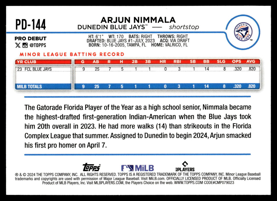 2024 Topps Pro Debut #PD-144 Arjun Nimmala