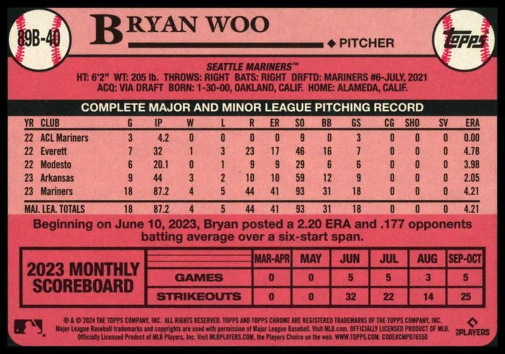 2024 Topps #89B-40 Bryan Woo 1989 Topps Baseball 35th Anniversary Foil