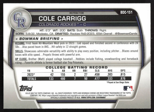 2023 Bowman Draft #BDC-151 Cole Carrigg Chrome Refractor