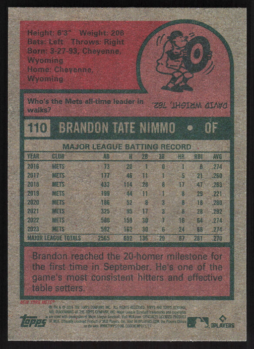 2024 Topps Heritage #110 Brandon Nimmo Base