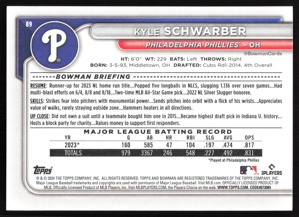 2024 Bowman #89 Kyle Schwarber