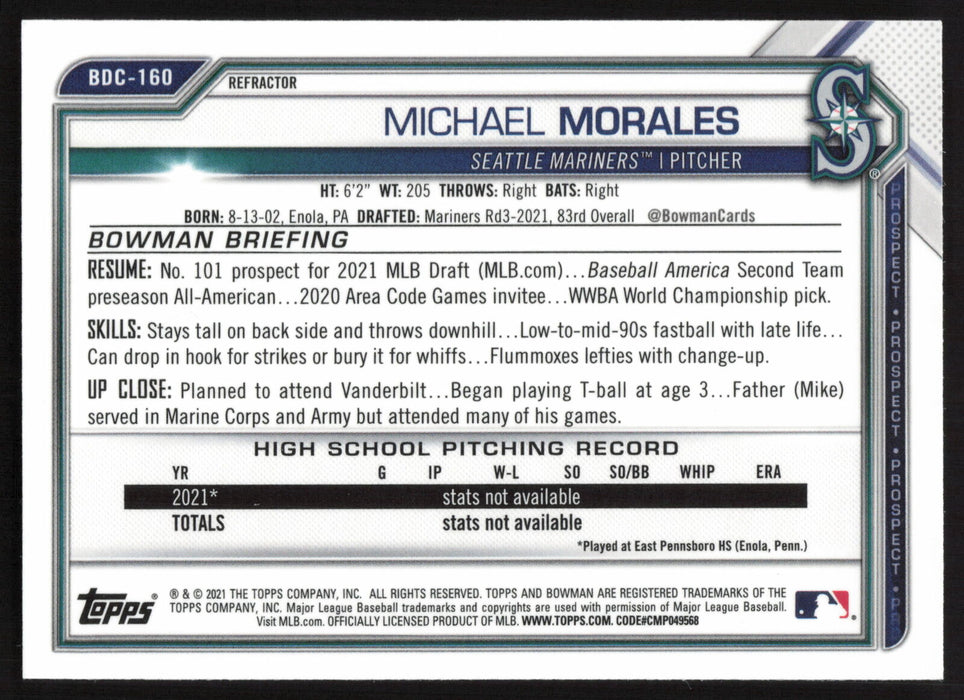 2021 Bowman Draft #BDC-160 Michael Morales Chrome Refractor