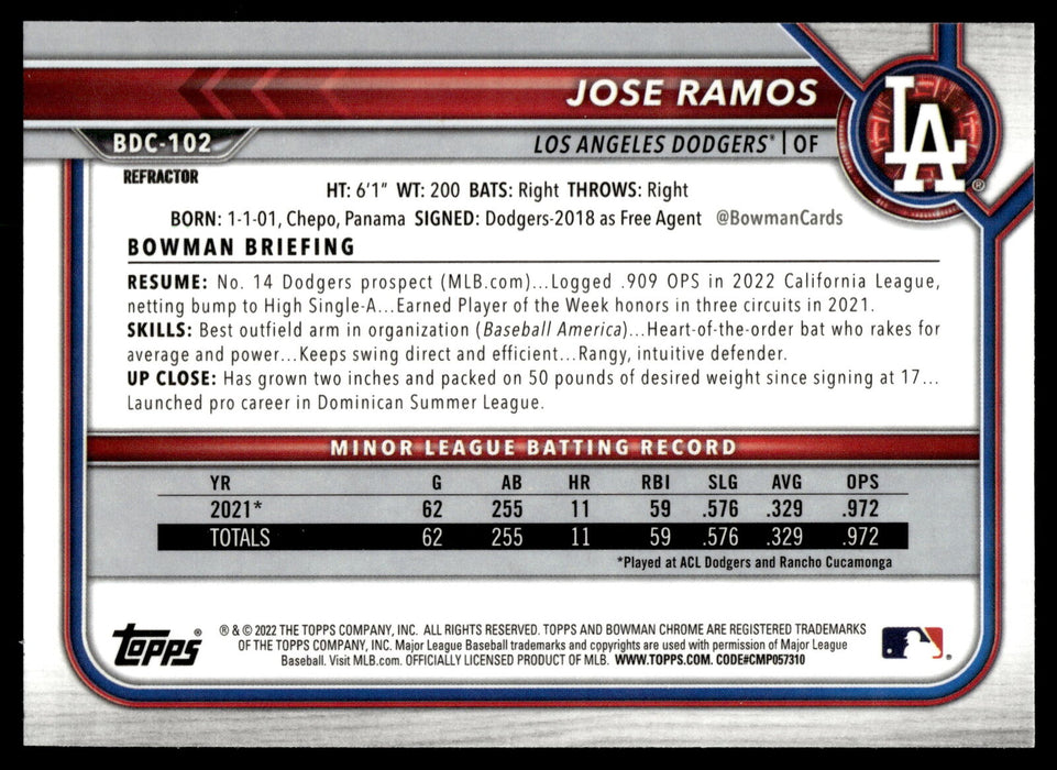 2022 Bowman Draft #BDC-102 Jose Ramos Chrome Refractor