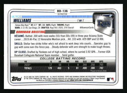 2020 Bowman Draft #BD-136 Alika Williams Chrome Refractor