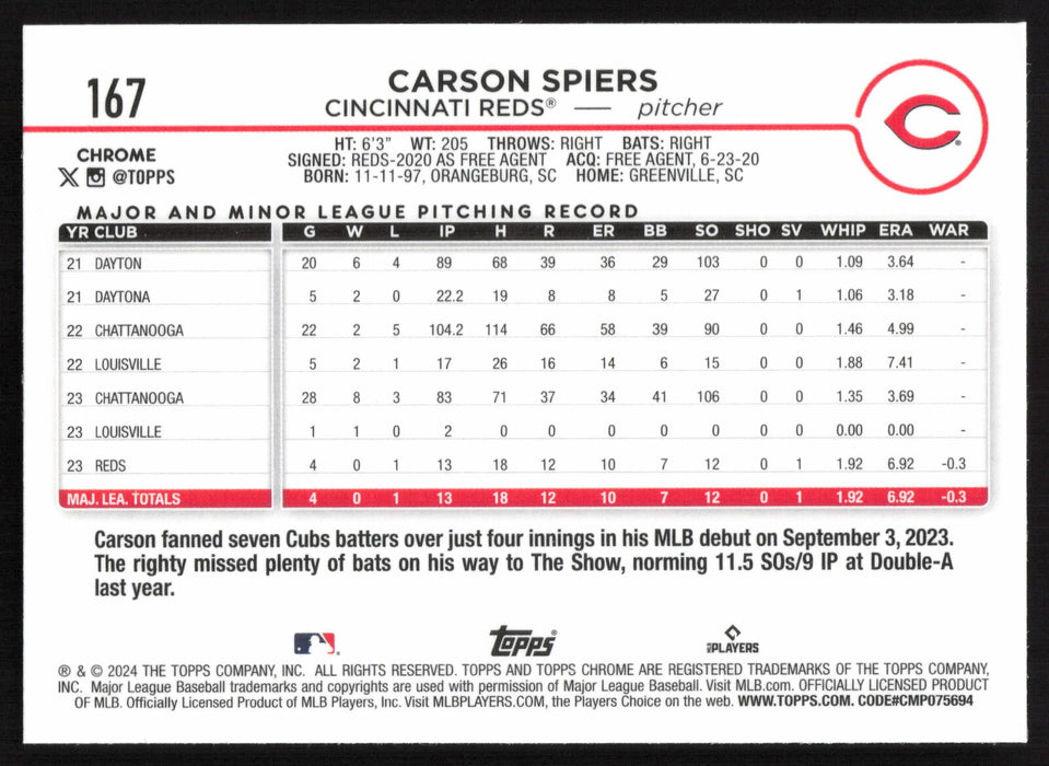 2024 Topps Chrome #167 Carson Spiers