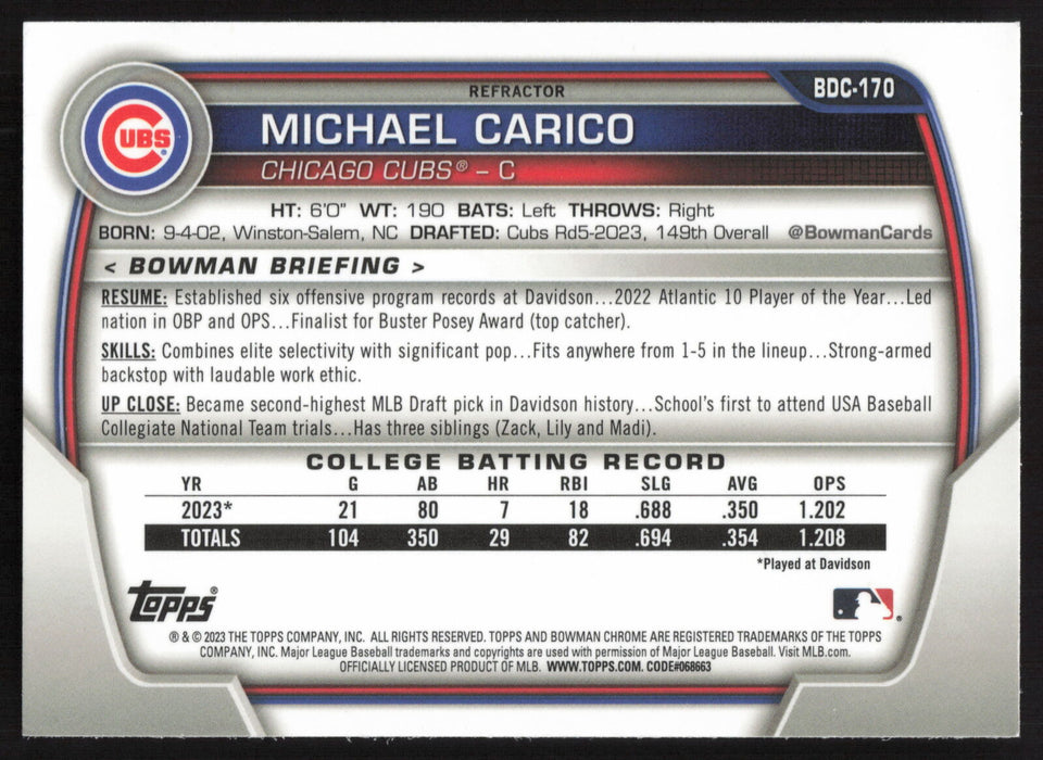 2023 Bowman Draft #BDC-170 Michael Carico Chrome Refractor