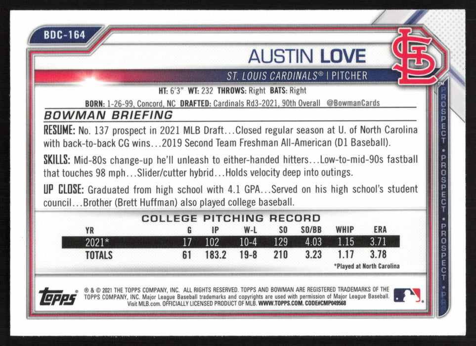 2021 Bowman Draft #BDC-164 Austin Love Chrome Refractor