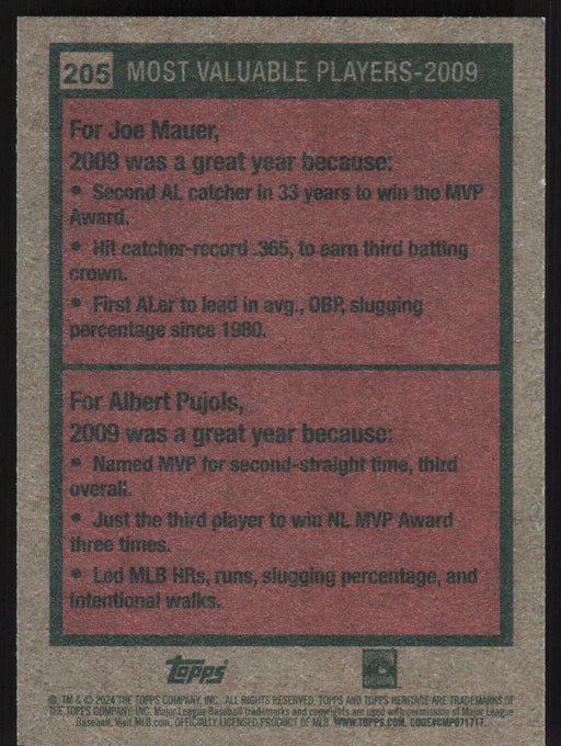 2024 Topps Heritage #205 2009 MVPs (Joe Mauer / Albert Pujols)