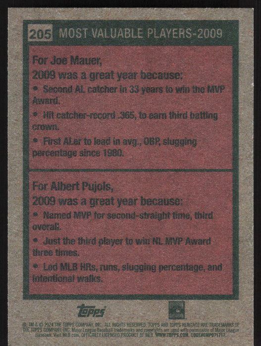 2024 Topps Heritage #205 2009 MVPs (Joe Mauer / Albert Pujols)