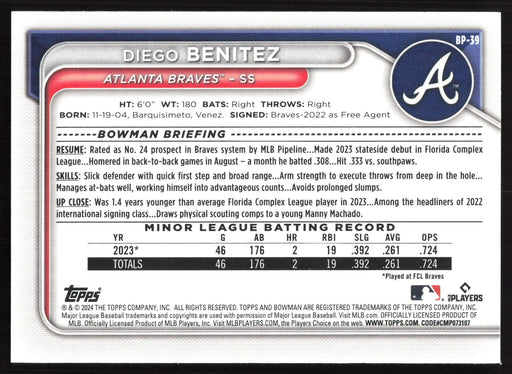 2024 Bowman #BP-39 Diego Benitez Prospects Base