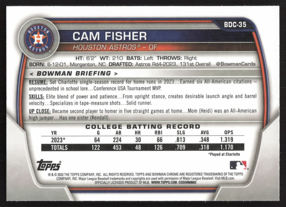 2023 Bowman Draft #BDC-35 Cam Fisher Chrome Sky Blue Refractor